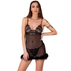 Schwarzes babydoll aus spitze und transparentem mesh mit federbesatz von livco corsetti fashion inklusive schwarzem tanga