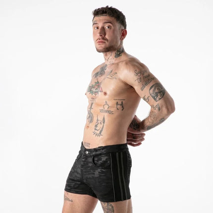 Locker gear full military access shorts in black with vertical side stripes for durable outdoor gear use
