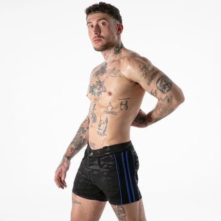 Locker gear full military access shorts in blue with camouflage pattern and three bold blue stripes in xl