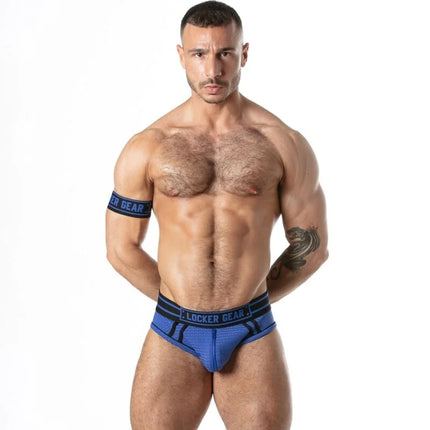 Locker gear sport mesh jock brief blau l mit kontrastierenden zierleisten und schwarzem text
