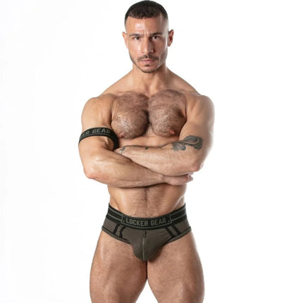 Schwarze locker gear sport mesh jock brief aus mesh mit logo auf dem bund in khaki m