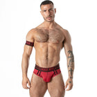 Rote locker gear sport-mesh-jockbrief in xl mit schwarzer einfassung und zentralem reißverschluss