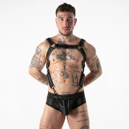 Schwarzer leder-harness von locker gear mit verstellbaren trägern und zentralem frontpanel in größe l/xl