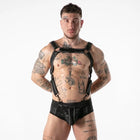 Schwarzes leder-harness-unterwäschestück mit verstellbaren riemen und mittlerem frontpanel von locker gear