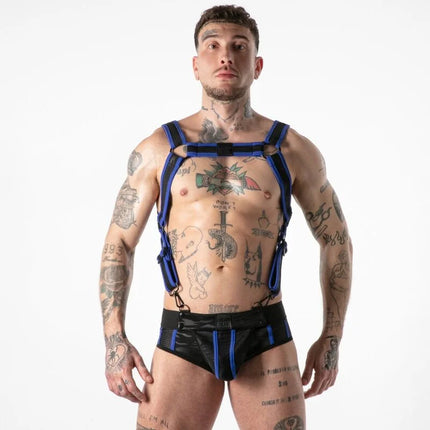 Locker gear schwarze und blaue leder-harness mit passenden briefs vollständig blau l xl