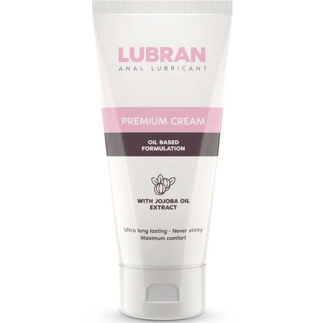 Lubran anal lubricant premium cream in weißer tube mit rosa und dunkelgrauen akzenten mit jojobaöl 50 ml