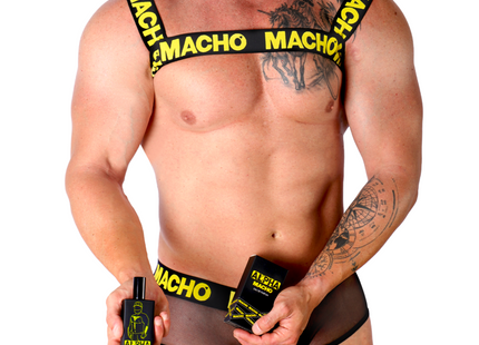 Schwarze transparente mesh-slip mit gelbem macho-logo am bund und den trägern zu macho alpha eau de parfum 30 ml