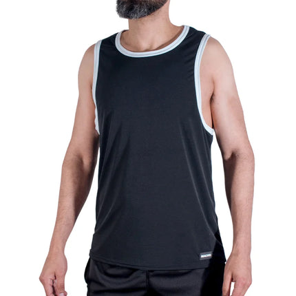 Schwarzes sleeveless macho t-shirt mit weißem saum am ausschnitt und den armöffnungen für das gym