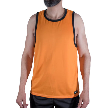 Orange macho t-shirt gym tank top mit schwarzem besatz an ausschnitt und armlöchern in größe l/xl