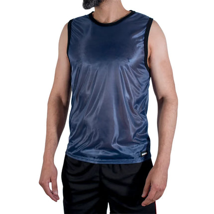 Navyblaues macho t-shirt sleeveless mit schwarzem rand und leichtem glanz ideal für sportliche aktivitäten