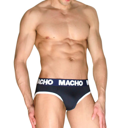 Marineblaue und weiße macho briefs mit boldem logo-bund aus hochwertigem material schmiegt sich an anpassungsfähigen lycra-gewebes