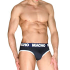 Navyblaue und weiße macho briefs mit hochwertigem material aus anpassungsfähigem lycra-gewebe und bold logo-band