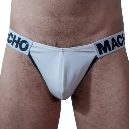 Weißer macho brand thong mit schwarzem rand und hochwertigem material schmiegt sich an anpassungsfähigen lycra-gewebes