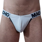 Weißer macho brand thong mit schwarzem rand und hochwertigem material schmiegt sich an anpassungsfähigen lycra-gewebes
