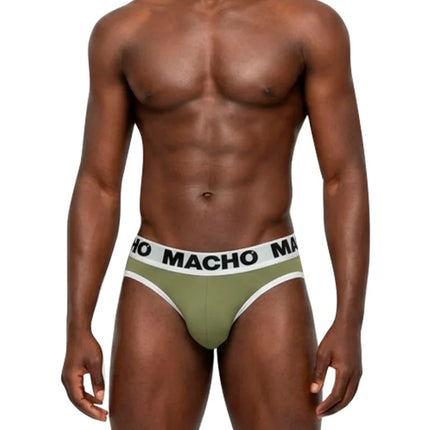 Olivegrüne macho briefs mit weißem bund und schwarzer schrift aus anpassungsfähigem lycra-gewebe hochwertiges material schmiegt