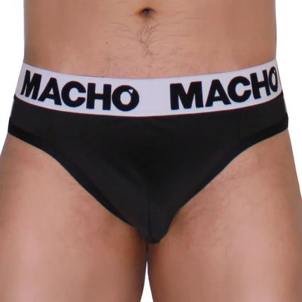 Schwarzer macho string mtg002 mit weißem bund und schwarzem macho-logo für eng anliegende männliche anatomie
