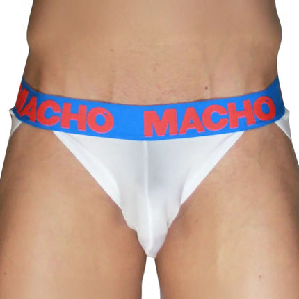 Weiße macho briefs mit dunkelblaubem bund und rotem macho logo für eng anliegende männliche anatomie