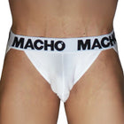 Weißes eng anliegendes macho brand herren jockstrap mit markantem schwarzem macho logo am bund für männliche anatomie