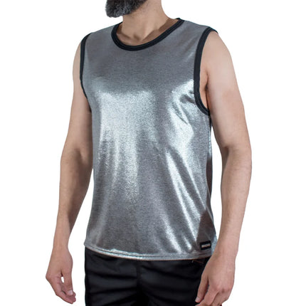 Macho t-shirt metallisch silberne ärmellose tanktop mit schwarzem rand und feinem glitzer in größe l xl