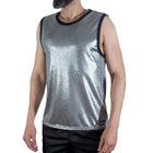 Macho t-shirt metallisch silberne ärmellose tanktop mit schwarzem rand und feinem glitzer in größe l xl