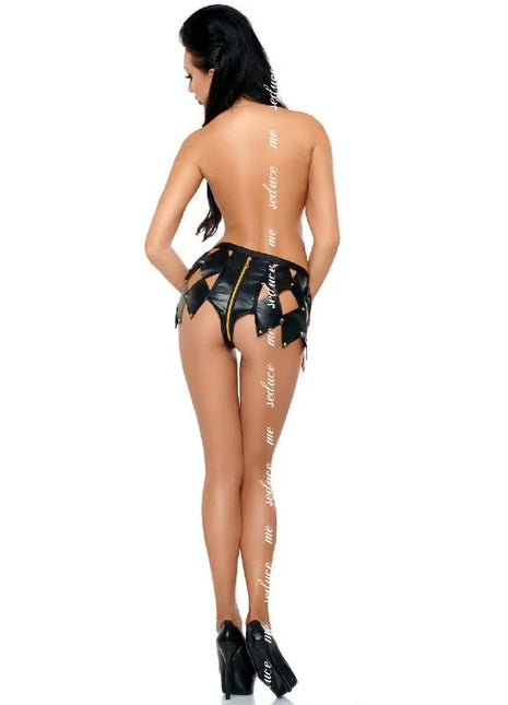 Schwarze faux-leder thong mit goldenen reißverschluss und cutout-design von me-seduce gwenn shorts s/m rückansicht