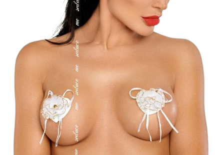 Weißes spitzen-bh-clip mit filigraner floraler stickerei und schleifenbändern von me-seduce nc065 eine größe