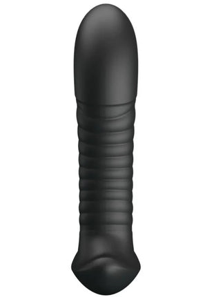 Schwarzer silikon dildo mit gerillter struktur und abgerundetem spitz namens merlin anal rotation