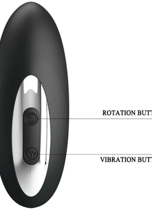 Schwarzes ovales analspielzeug merlin analysrotation mit silbernem metallzentrum und zwei bedientasten rotation und vibration