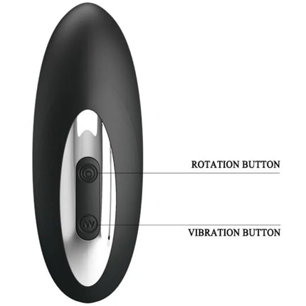 Schwarzes ovales analspielzeug merlin analysrotation mit silbernem metallzentrum und zwei bedientasten rotation und vibration