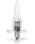 Klarer plastik-analplug mit silberner metallbasis und zentralmechanismus mini vibro tease