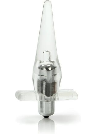 Klarer plastik-analplug mit silberner metallbasis und zentralmechanismus mini vibro tease
