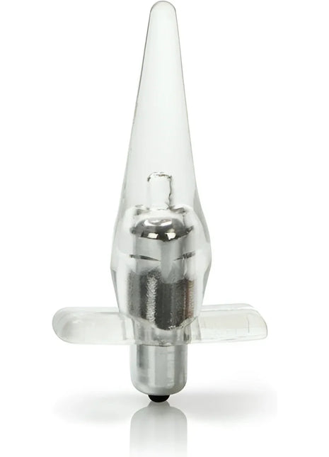 Klarer plastik-analplug mit silberner metallbasis und zentralmechanismus mini vibro tease