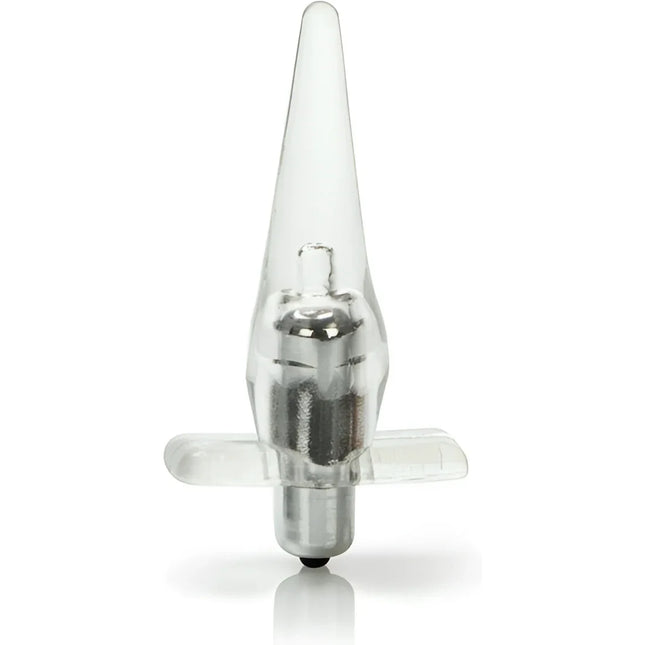 Klarer plastik-analplug mit silberner metallbasis und zentralmechanismus mini vibro tease