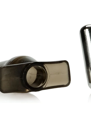 Schwarzer und silberner zylindrischer mini vibro tease vibrator mit transparentem boden aus kunststoff