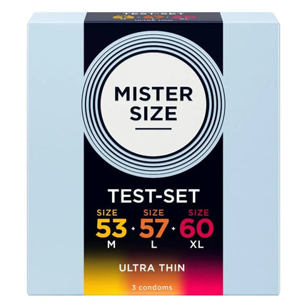 Mister size musterpackung kondome größe 53 57 60 mm ultra dünn schwarz weiß pastellblau design