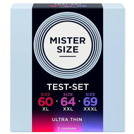 Mister size musterpackung kondome in drei ultra-dünnen größen xl, xxl und xxxl für optimale passform