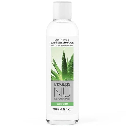 Klarer kunststoffflasche mit weißem deckel und mixgliss nü aloe vera etikett für wasserbasiertes 2-in-1 gleitgelen und massagengel