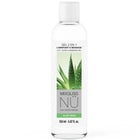 Klarer kunststoffflasche mit weißem deckel und mixgliss nü aloe vera etikett für wasserbasiertes 2-in-1 gleitgelen und massagengel
