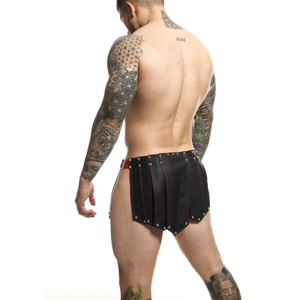 Mob dngeon schwarzer romanda-rock schwarze lederhose mit roter naht und silbernen nieten am rand