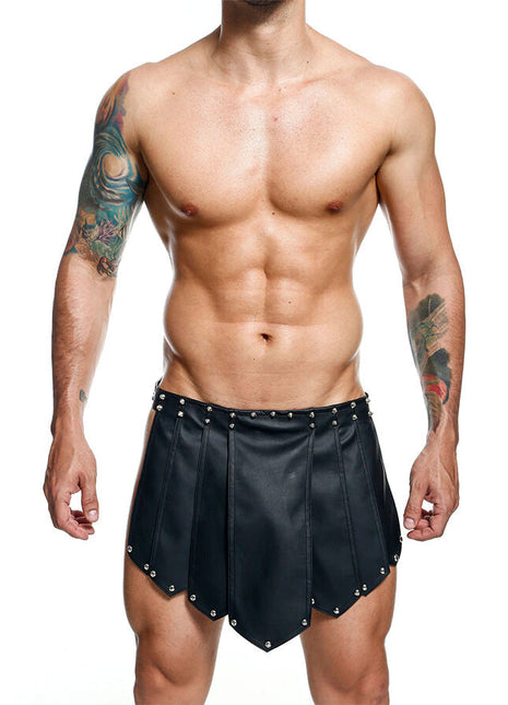 Mob dngeon schwarzer romanda-rock schwarze faux-leder plissierte shorts mit silbernen nieten am saum und bund