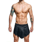 Mob dngeon schwarzer romanda-rock schwarze faux-leder plissierte shorts mit silbernen nieten am saum und bund