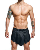 Mob dngeon schwarzer romanda-rock schwarze faux-leder plissierte shorts mit silbernen nieten am saum und bund