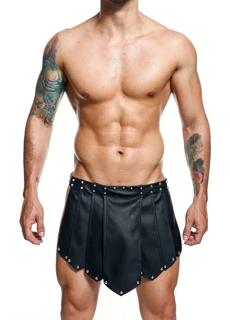 Mob dngeon schwarzer romanda-rock schwarze faux-leder plissierte shorts mit silbernen nieten am saum und bund
