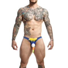 Royal toucan badeanzug größe l blau novelty thong mit gelbem federsaum und buntem hornähnlichem hervorstand