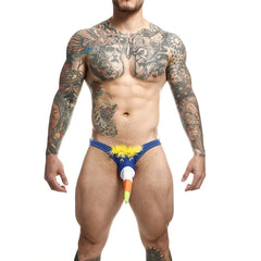 Royal toucan badeanzug größe l blau novelty thong mit gelbem federsaum und buntem hornähnlichem hervorstand