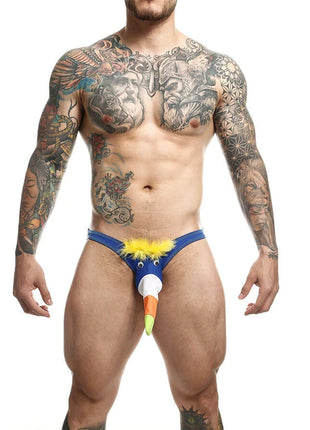 Royal toucan badeanzug größe l blau novelty thong mit gelbem federsaum und buntem hornähnlichem hervorstand