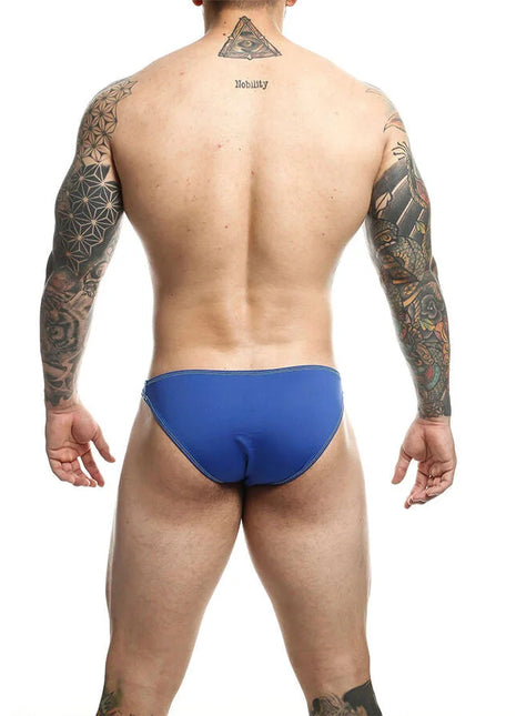 Blauer mob royal toucan badeanzug größe l mit sportlichem schnitt und sichtbaren nähte am rand