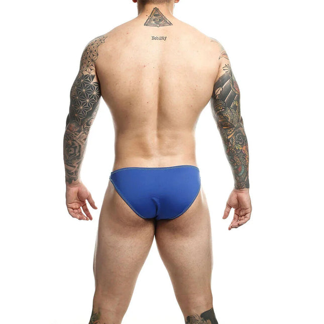 Blauer mob royal toucan badeanzug größe l mit sportlichem schnitt und sichtbaren nähte am rand