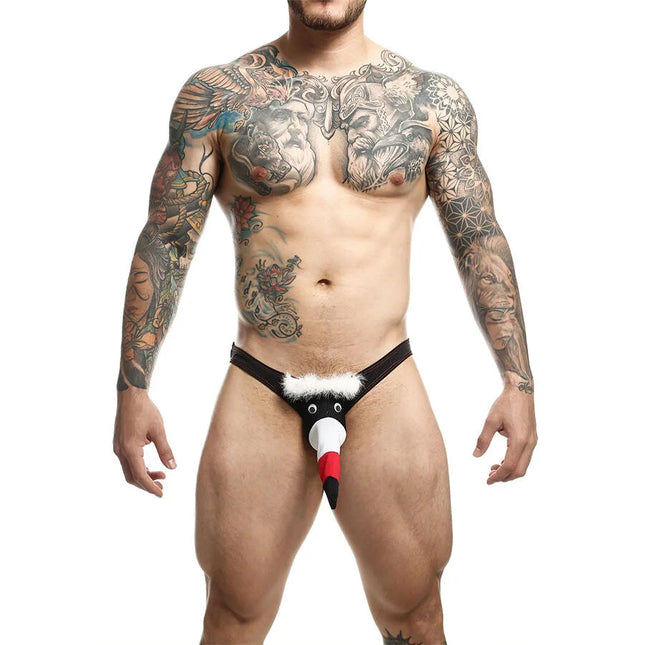 Schwarzer novelty thong mit weißem und rotem toucan-motiv und flauschigem weißem bund in größe l