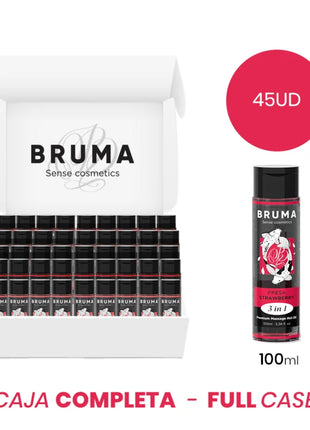Eine elegante schwarze und rote flasche bruma sense cosmetics 3-in-1 premium massageöl mit wärmeeffekt und erdbeergeschmack